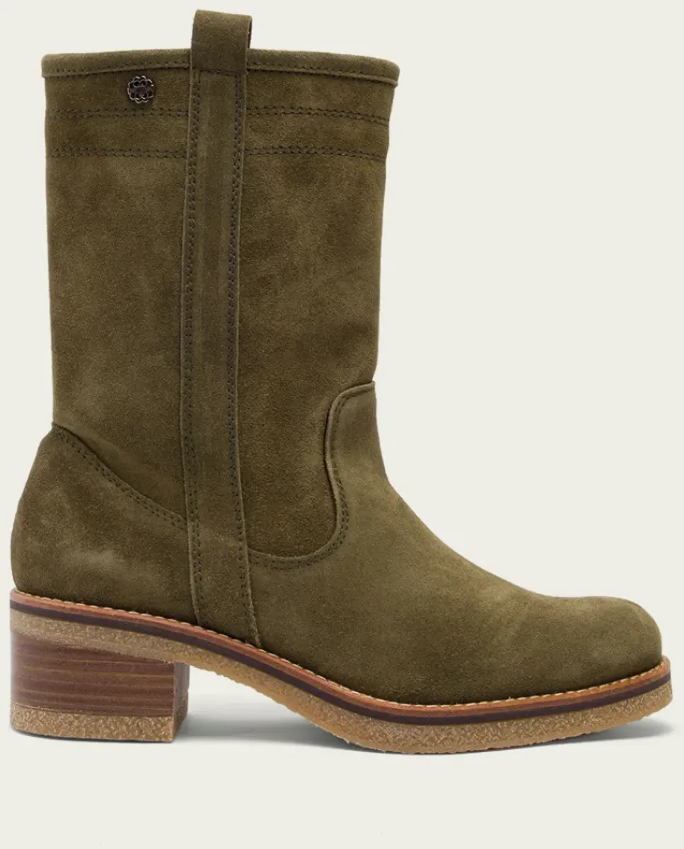 PORRONET Botines Mujer|Botas Planas Kaki Con Tiradores Paula