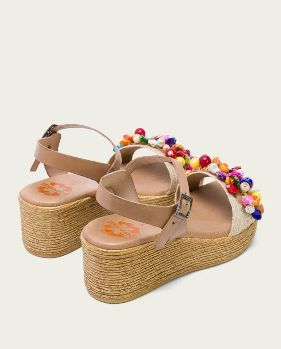 PORRONET Sandalias Cuña|Sandalia Cuña Con Abalorios Taupe Colores Irati