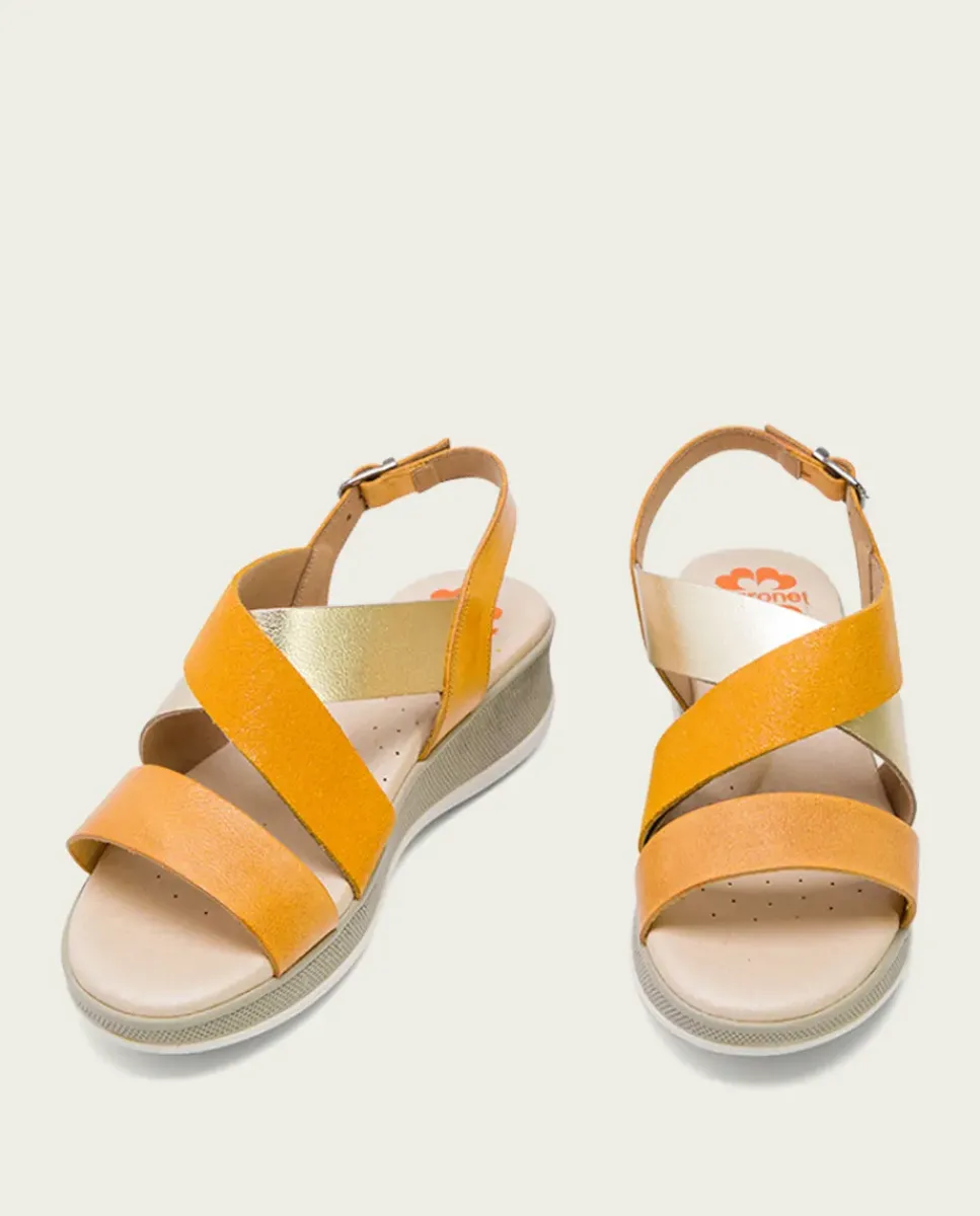 PORRONET Sandalias Planas|Sandalia Cuña Piel Mostaza Platino Fiama